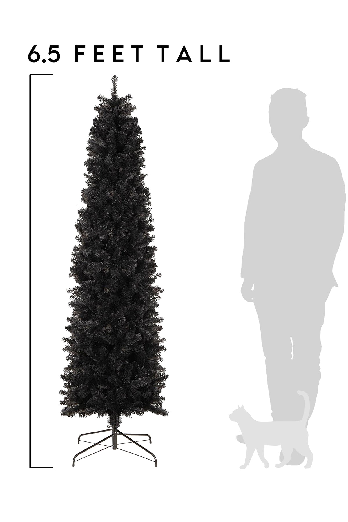 a tall christmas tree with a cat in the background