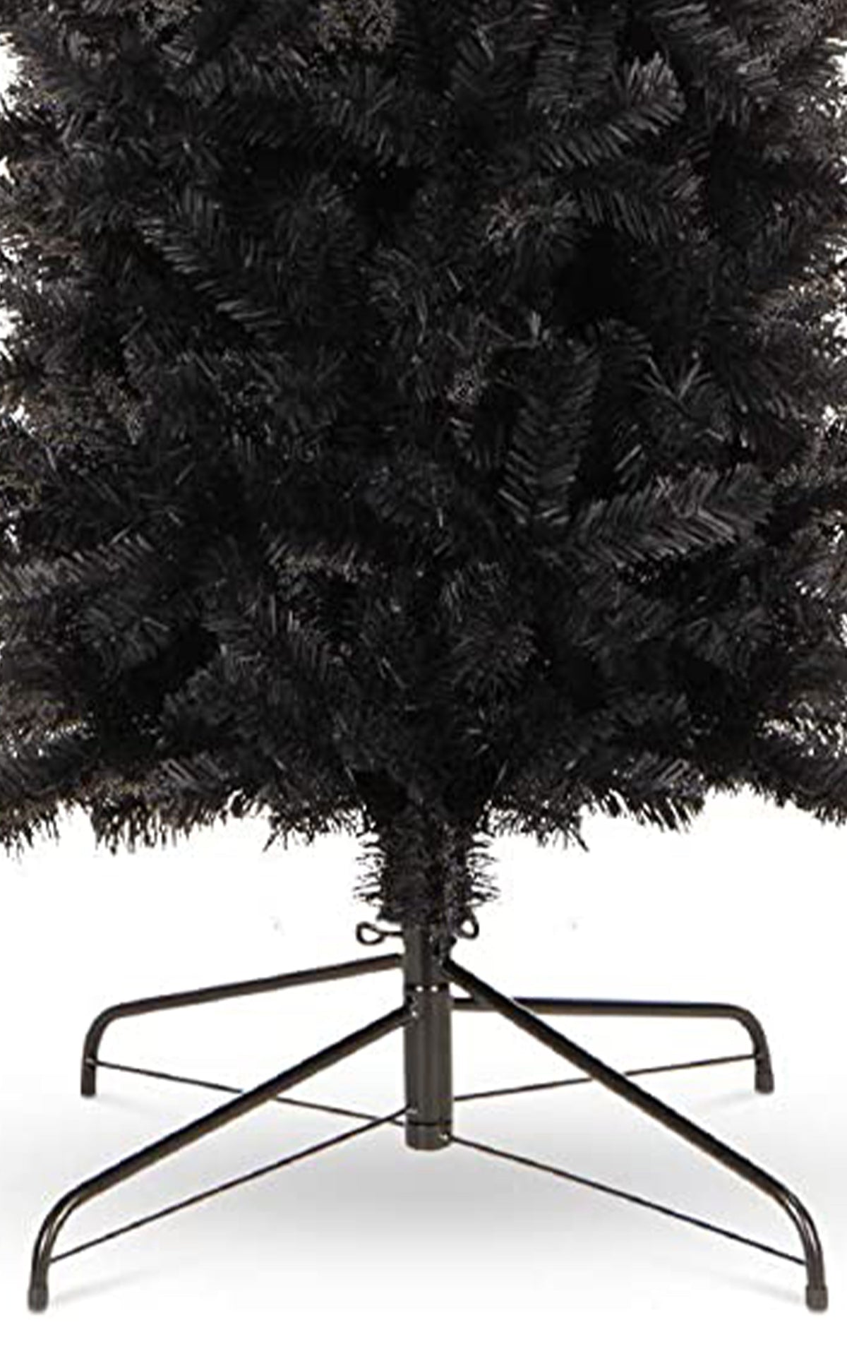 a black christmas tree with a metal base