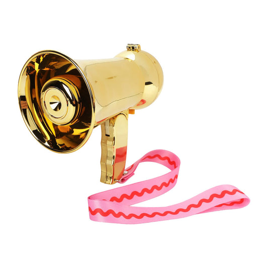 a gold megaphone with a pink ribbon