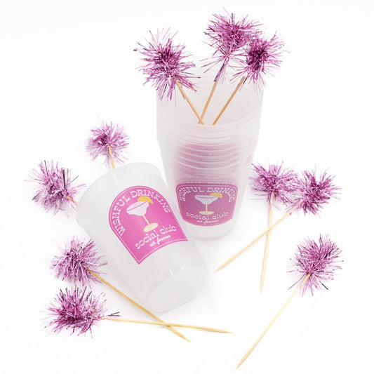 Wishful Drinking Reusable Party Cups with Pom Stirs (Set of 10)