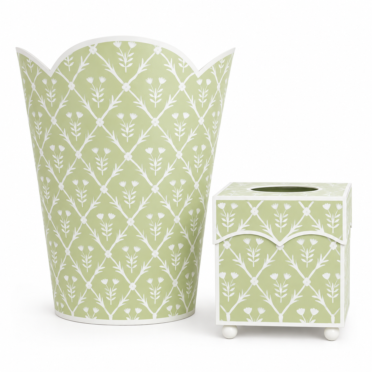 Pale Green & White Tulip Wastepaper Basket & Tissue (2 Options)