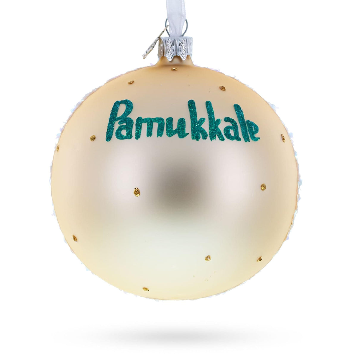 a white and gold christmas ornament