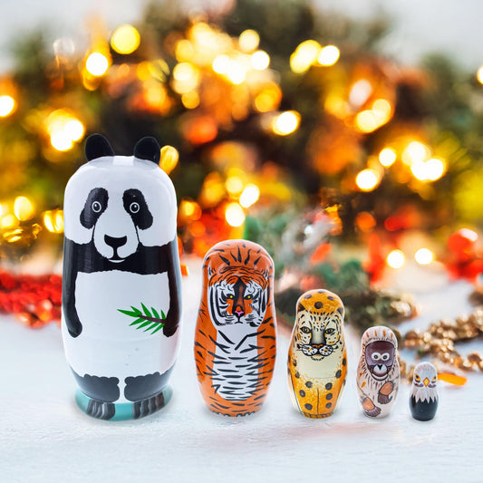 Panda, Tiger, Leopard, Monkey, Eagle Wooden Nesting Dolls