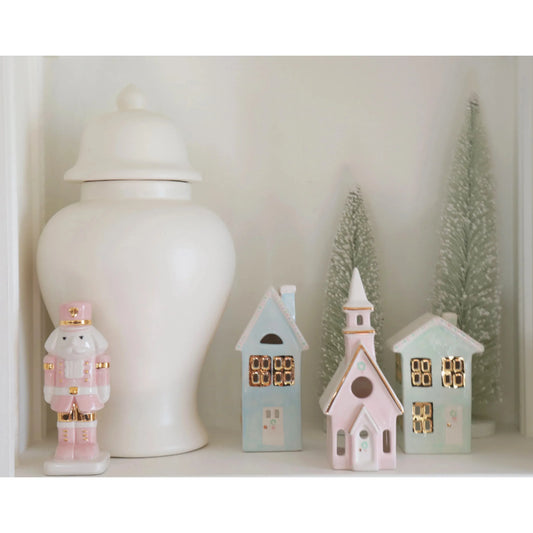 Pastel Christmas Village 3-Piece Set with 22K Gold Accents
