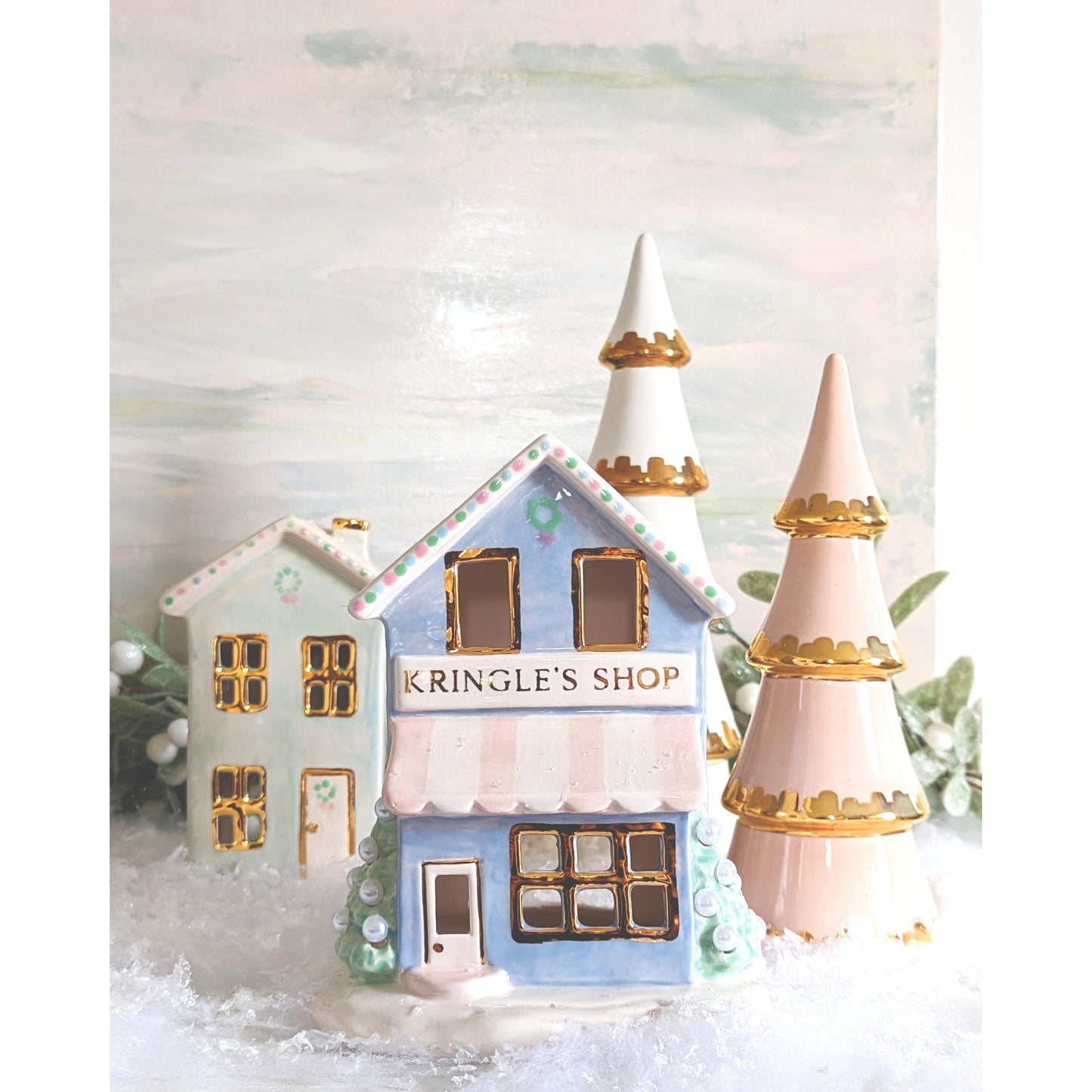 Pastel Christmas Village 3-Piece Set with 22K Gold Accents