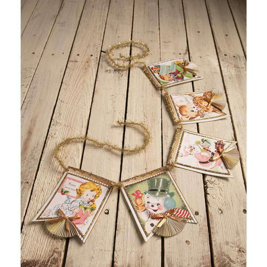 a garland of cards on a wooden surface