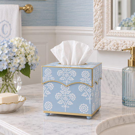 Slate Blue Floral Scalloped Wastepaper Basket & Tissue (2 Options)