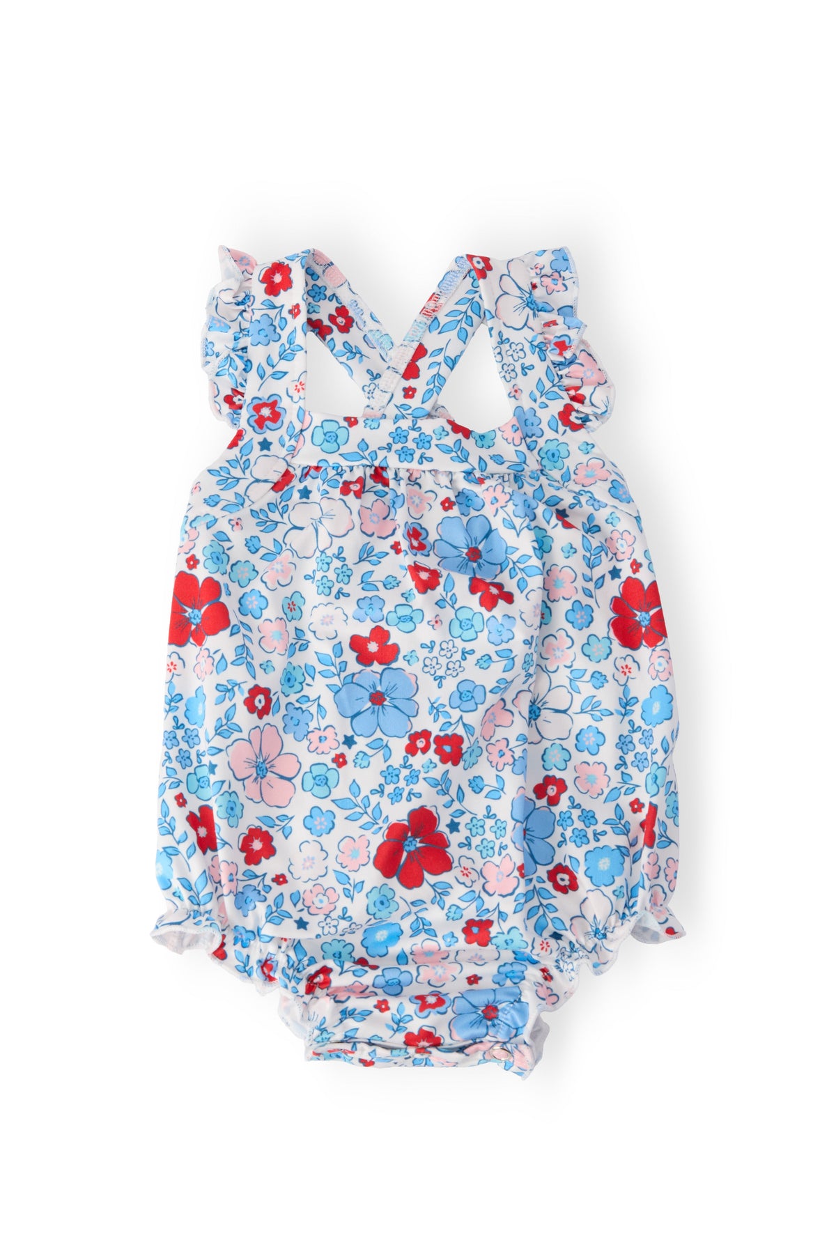 a baby romper with a floral pattern