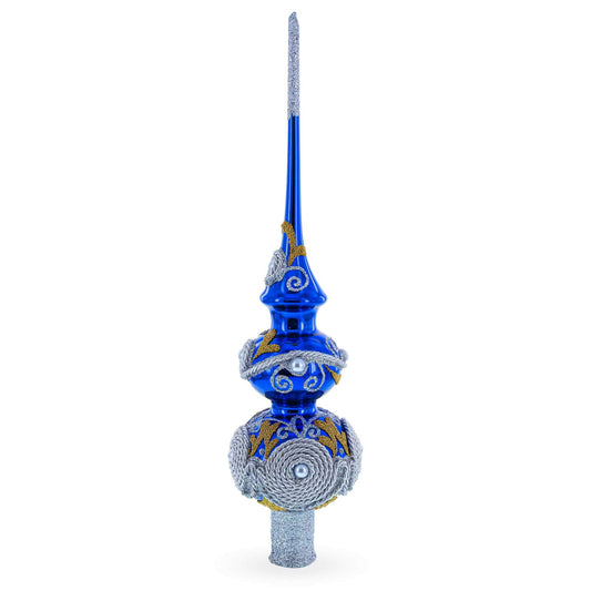 Pearls and Twisted Rope on Double Ball Blue Glass Christmas Tree Topper 12.5 Inches