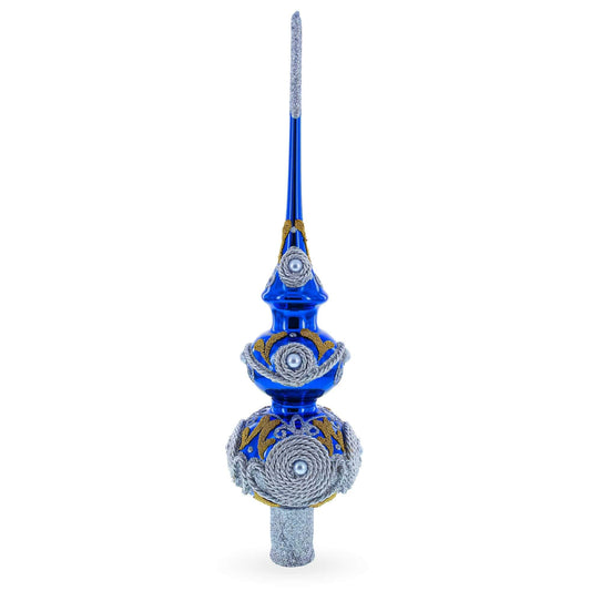Pearls and Twisted Rope on Double Ball Blue Glass Christmas Tree Topper 12.5 Inches