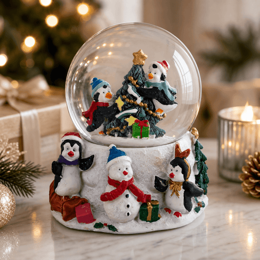 Penguins' Festive Tree Celebration Snow Water Globe