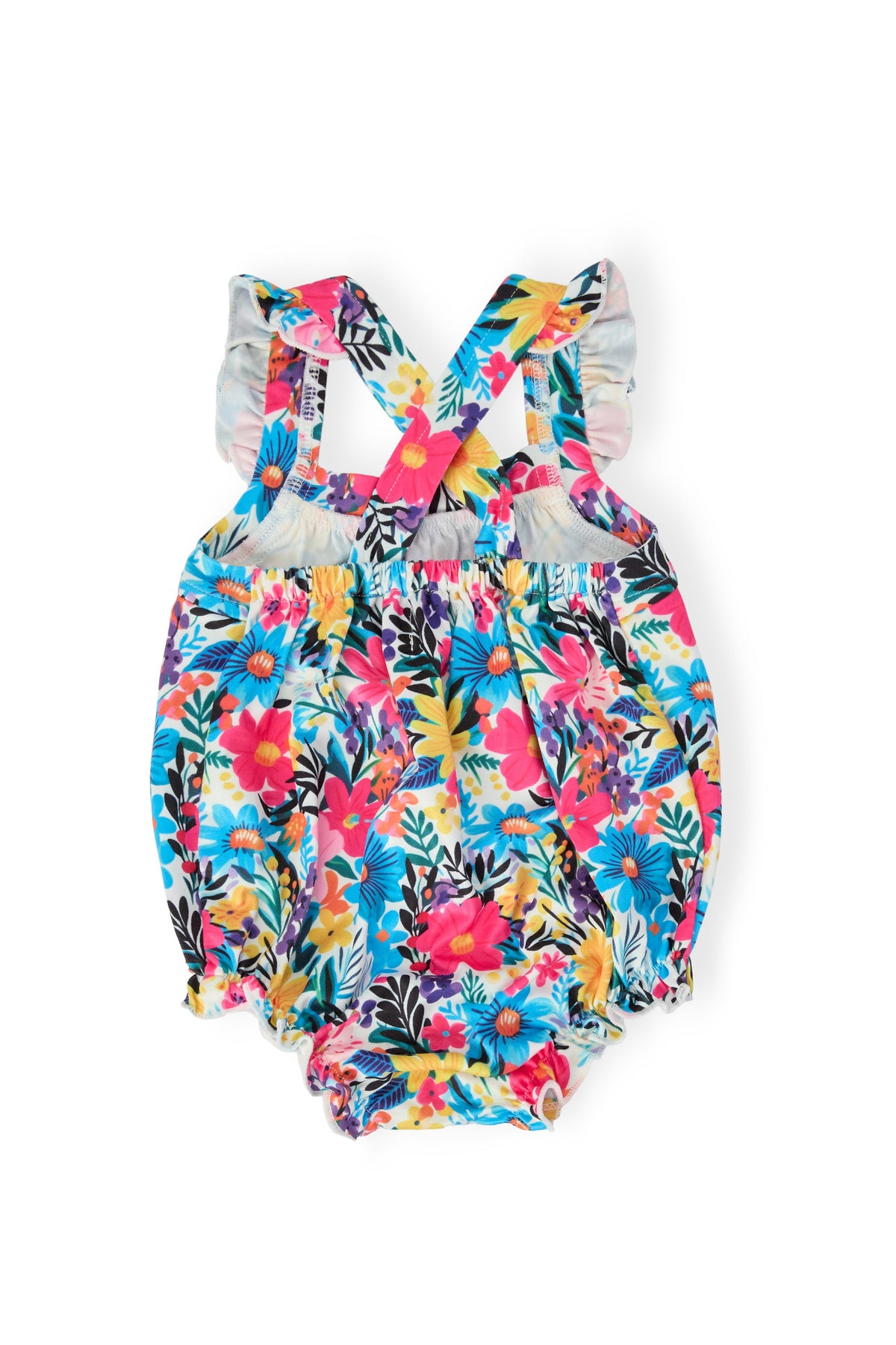 a colorful romper with a cross-back