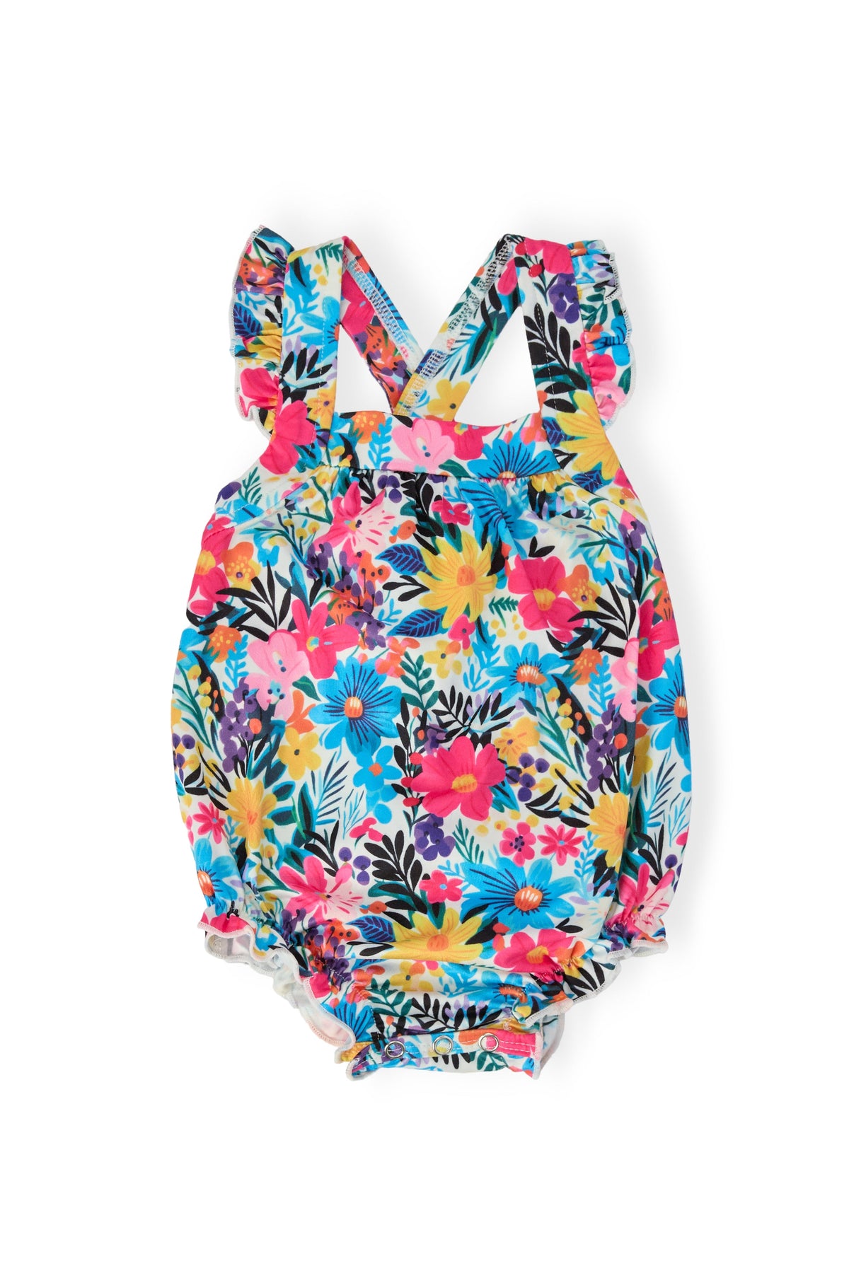 a colorful baby romper with a floral pattern