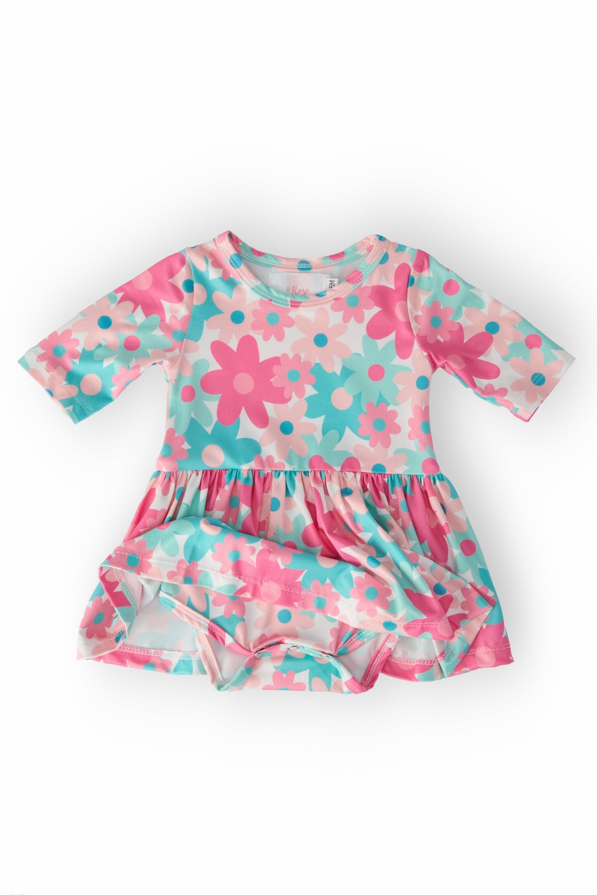 a pink and blue dress with flowers