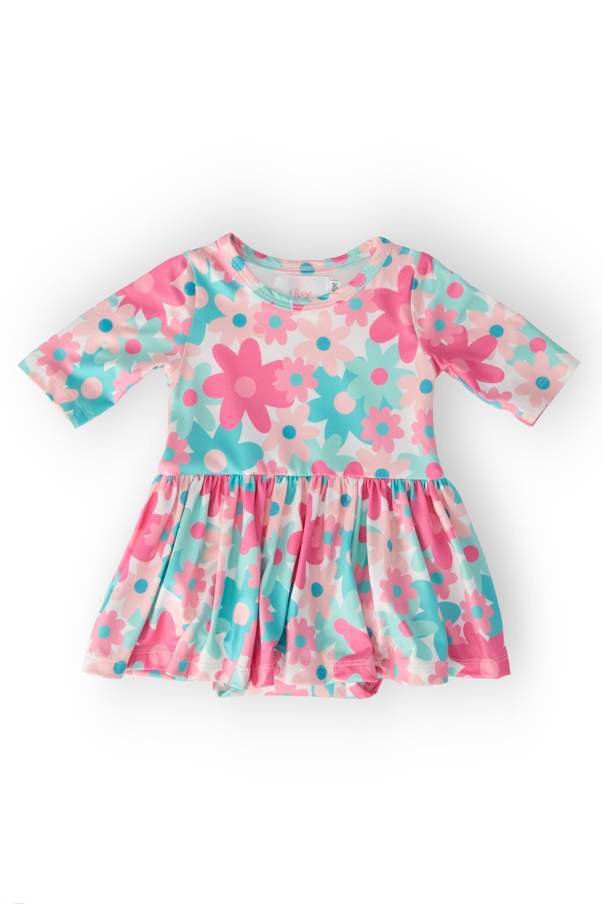 a pink and blue dress with flowers