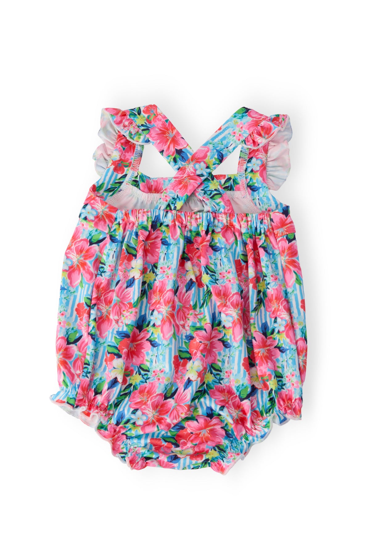 a pink and blue romper with flowers on it