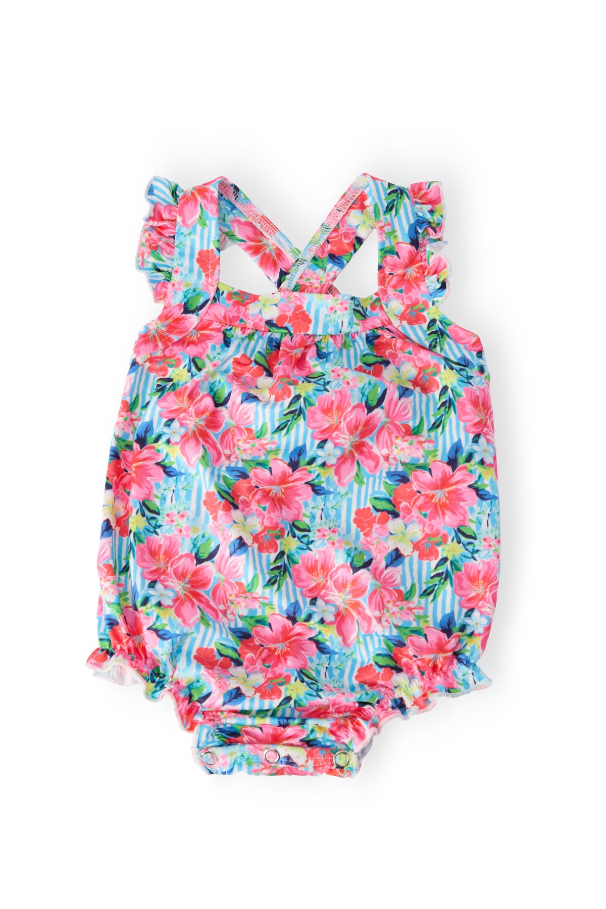 a baby romper with pink flowers