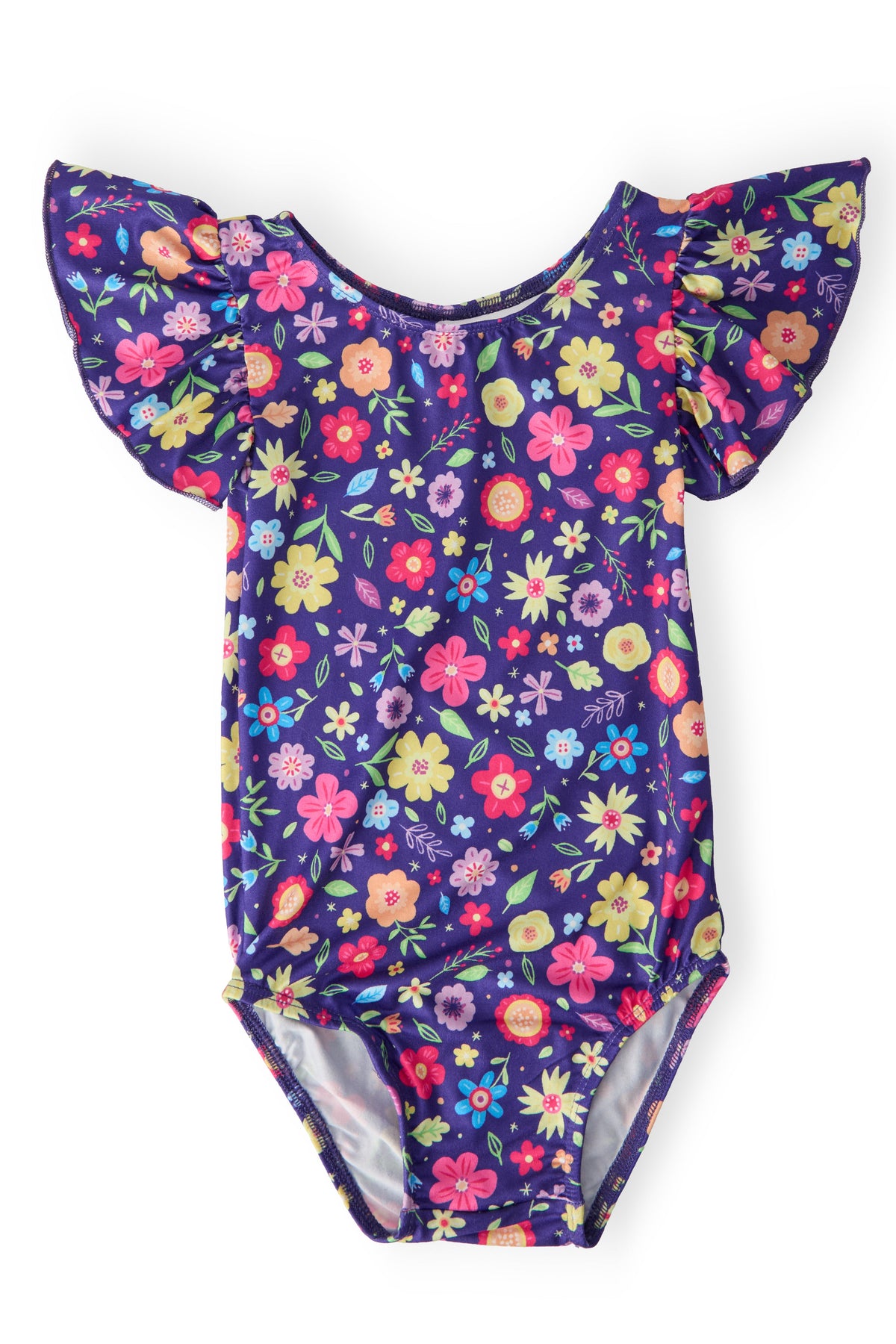 a blue floral one piece with ruffles