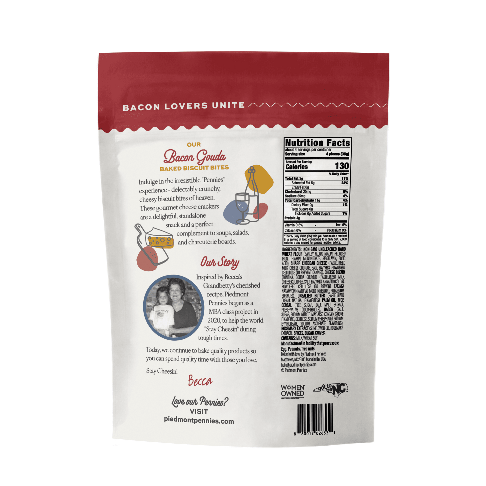 Piedmont Pennies Bacon Gouda Cheese Crackers Gourmet 4.5 oz. Pouch