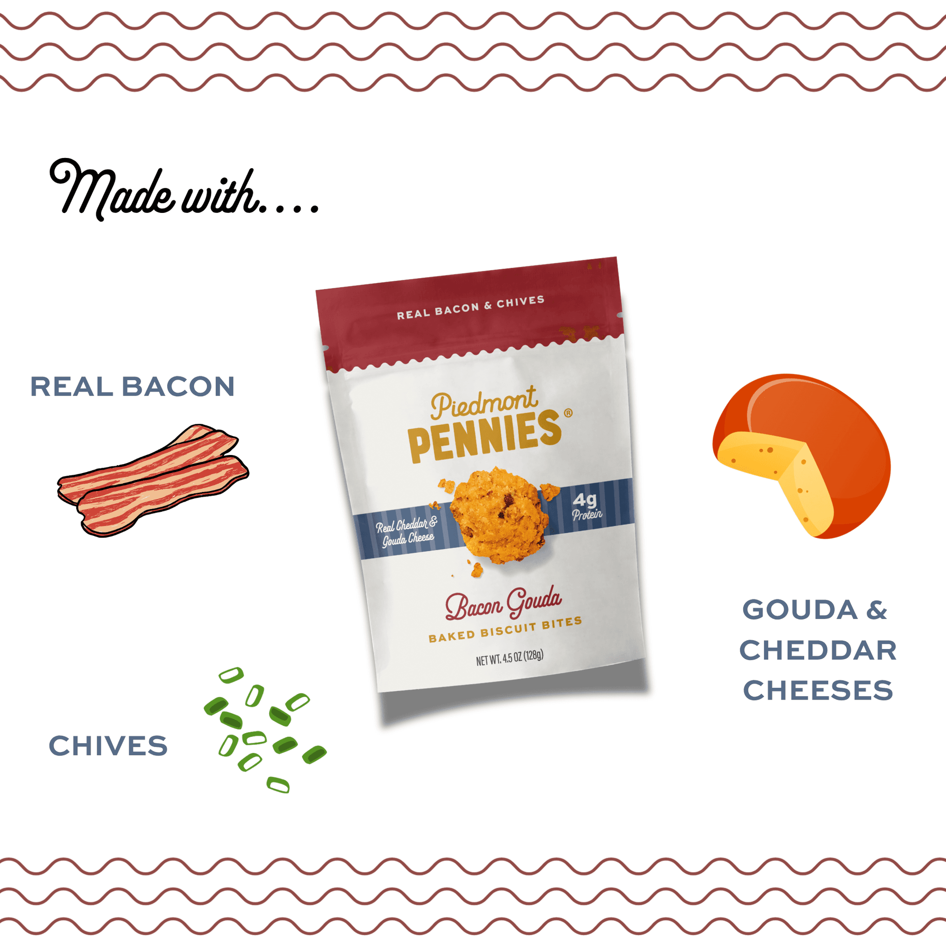 Piedmont Pennies Bacon Gouda Cheese Crackers Gourmet 4.5 oz. Pouch