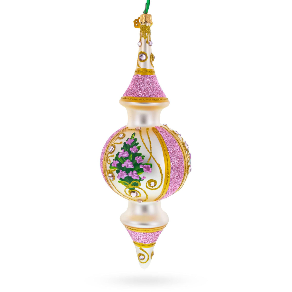 Pink Embossed  Blossom Double-Ended Finial Drop Glass Christmas Ornament