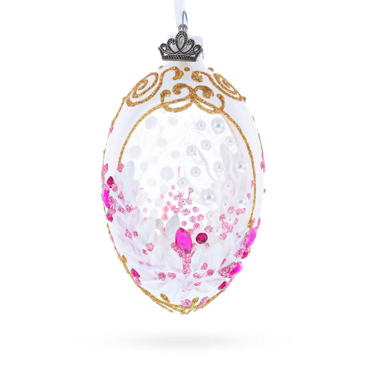 Pink Pearls on Clear Glass Egg Ornament 4 Inches