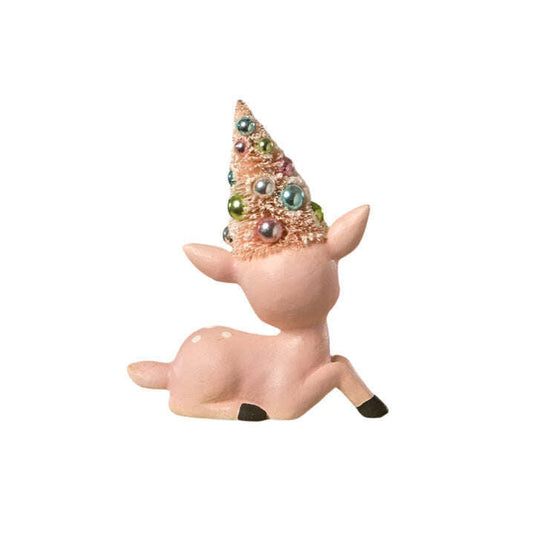 a small pink deer with a cone hat