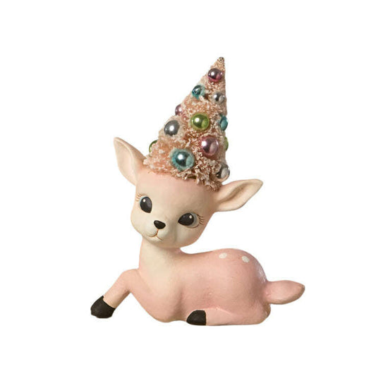 a small pink deer with a cone hat