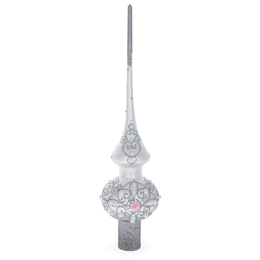 Pink Roses and Pearls on Silver Glass Christmas Tree Topper 11 Inches