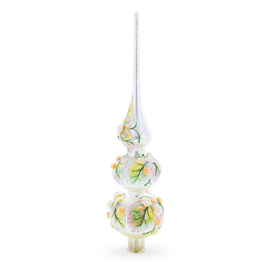 Pink and White Roses Bouquet on Double Ball Glass Christmas Tree Topper 12.5 Inches