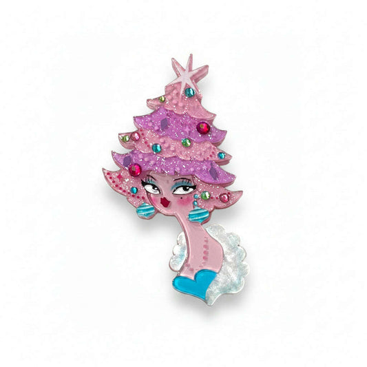 a pink and purple christmas tree pin