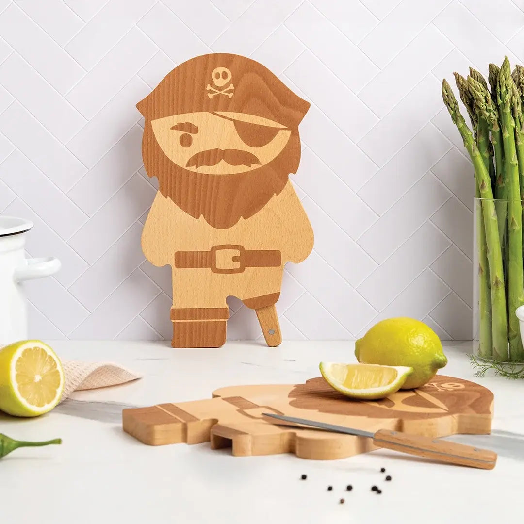 a wooden pirate figure on a counter