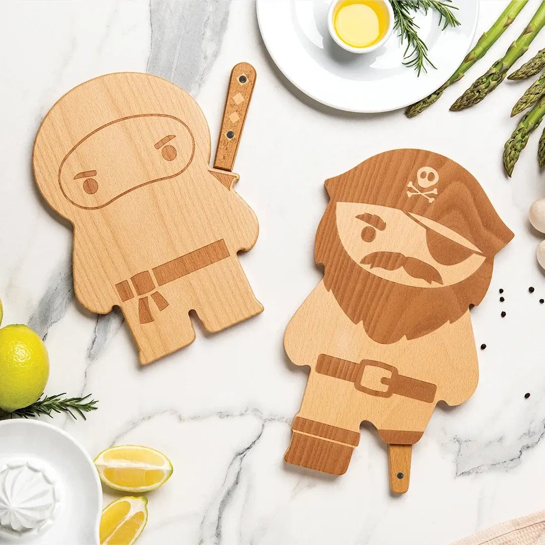 a wooden cutting boards with a pirate character on it