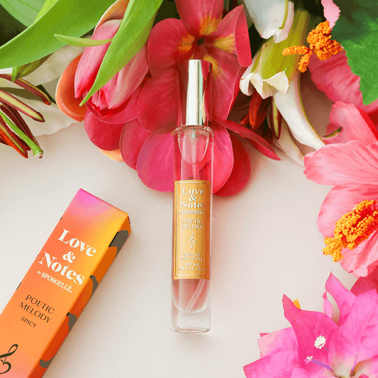 a bottle of perfume next to flowers