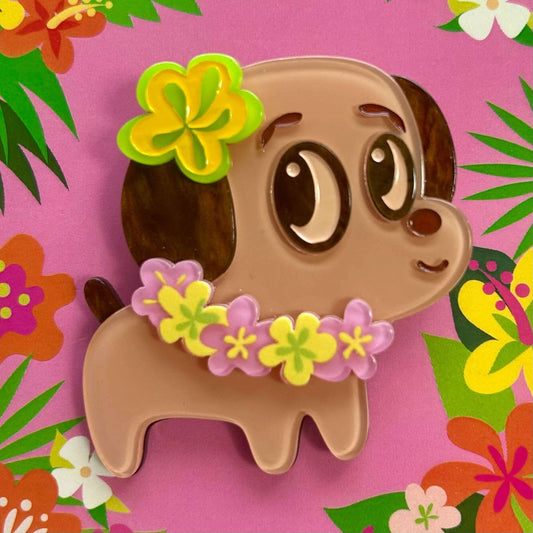 a dog with flowers on a pink background