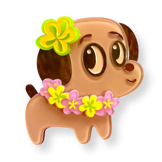 a cartoon dog with flowers around its head