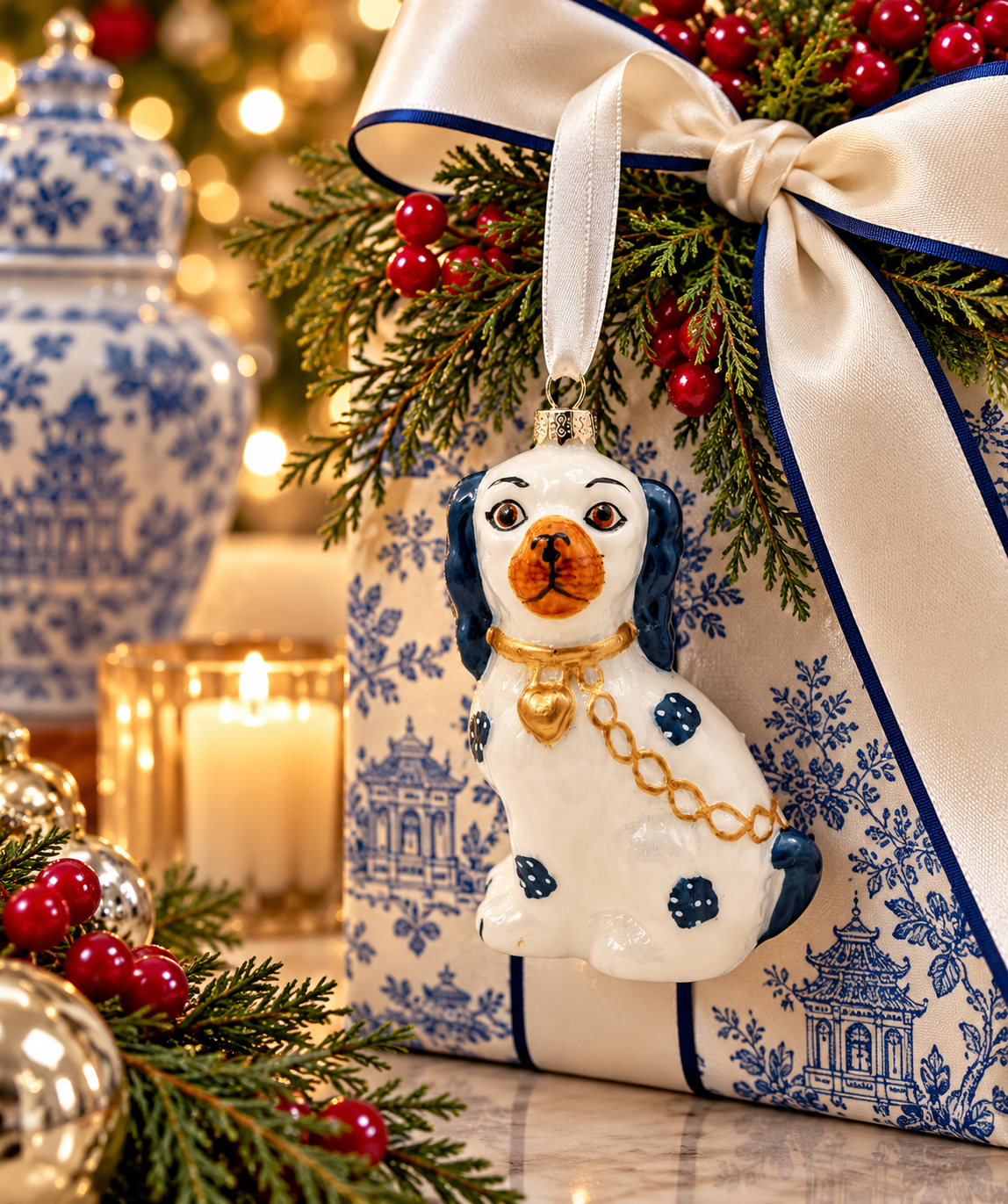 Box of 4 Blue Staffordshire Dog Gift Topper