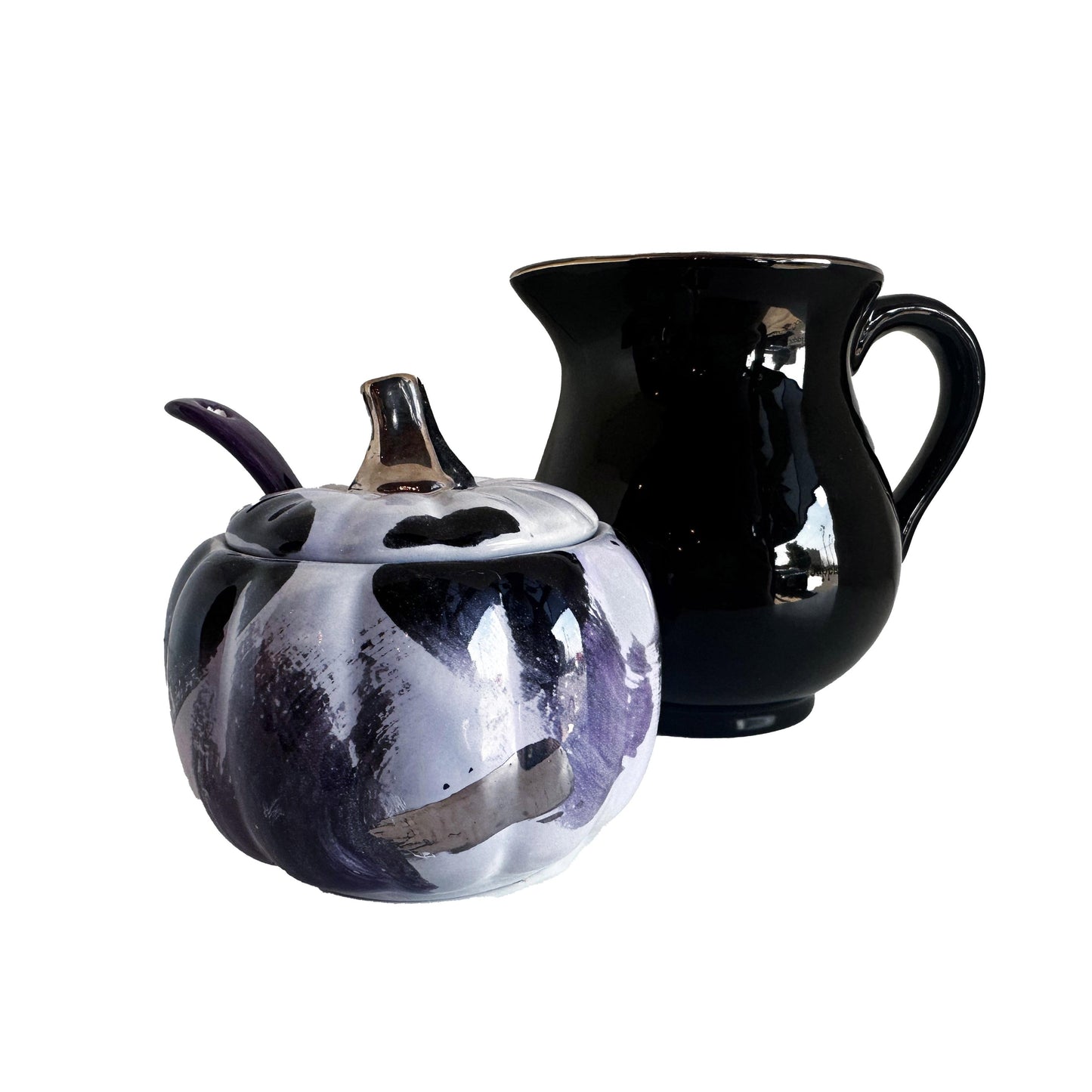 Pumpkin Sugar Pot, Spoon, and Creamer
