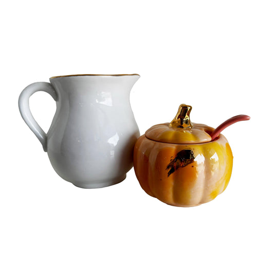 Pumpkin Sugar Pot, Spoon, and Creamer