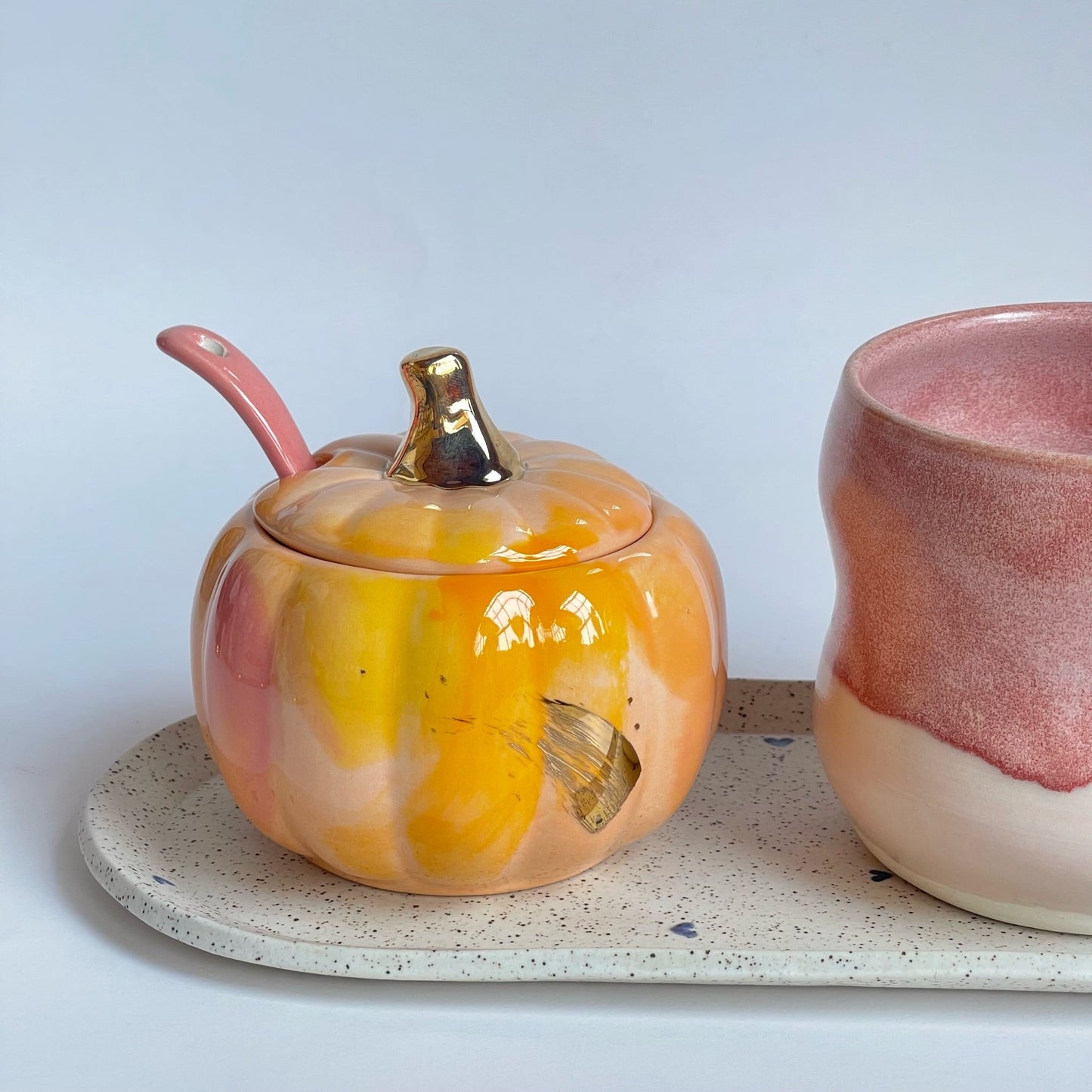 Pumpkin Sugar Pot, Spoon, and Creamer