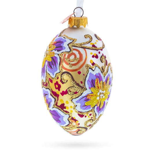 Purple Flowers Glass Egg Ornament 4 Inches