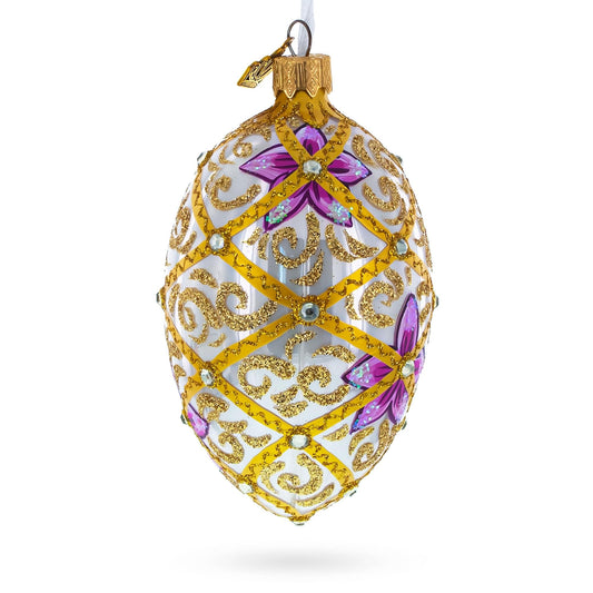 Purple Flowers on Golden Scroll Glass Egg Christmas Ornament 4 Inches