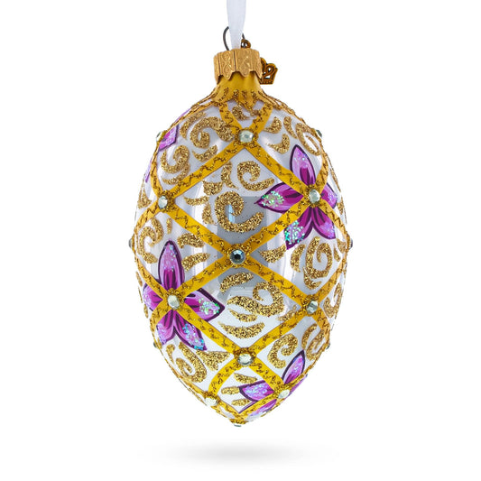 Purple Flowers on Golden Scroll Glass Egg Christmas Ornament 4 Inches