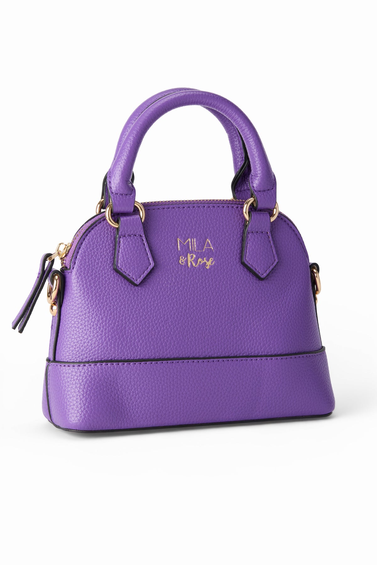 a purple handbag with gold text