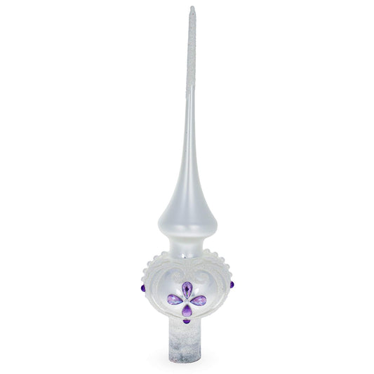Purple Jewel Stars and Pearls on White Glass Christmas Tree Topper 11 Inches