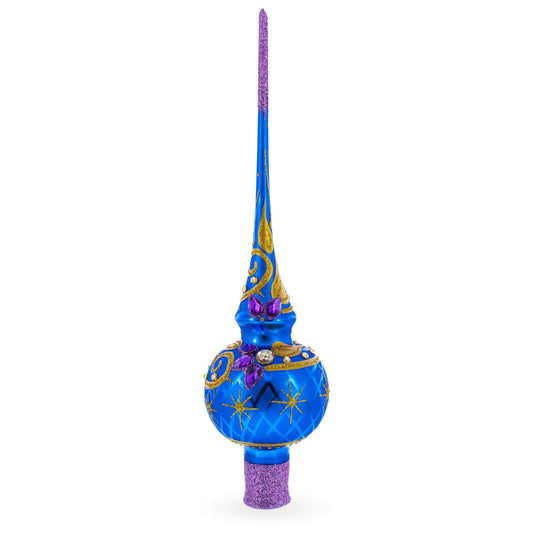 Purple Jewels Golden Leaves on Blue Glass Christmas Tree Topper 11 Inches