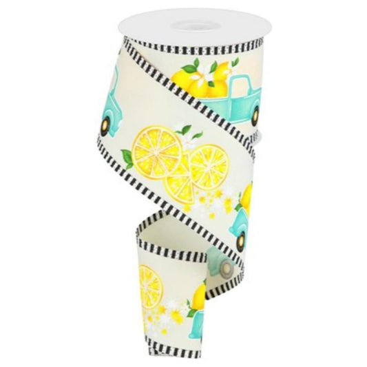 2.75" Truck with Lemons Stripe Ribbon: Ivory (10 Yards)