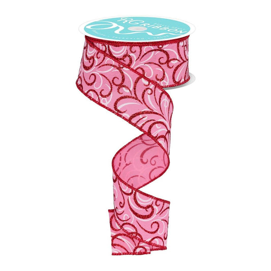 1.5" Multi Swirls Glitter Ribbon: Pink/Red (10 Yard)