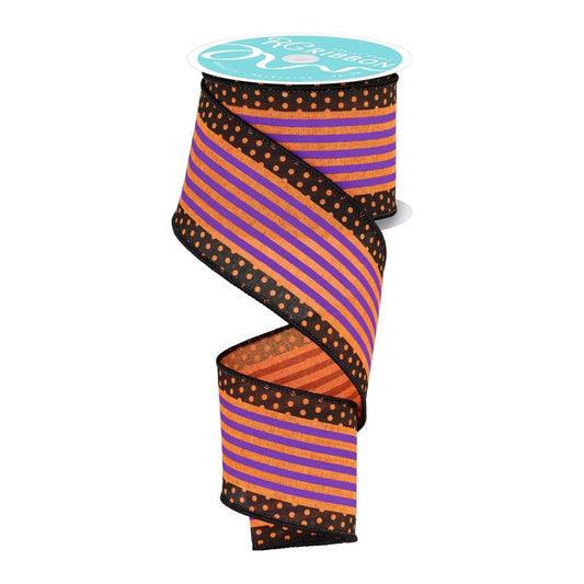 2.5" Vertical Stripe Polka Dot Edge Ribbon: Orange, Purple, Black