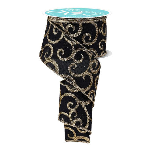 2.5" Glitter Swirl Ribbon: Black/Gold (10 Yards)